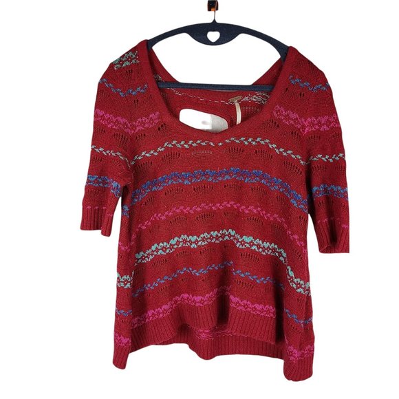Free People Sweaters - Free People Red Cropped Fair Isle Angora Wool Blend Sweater Short Sleeve Size M
